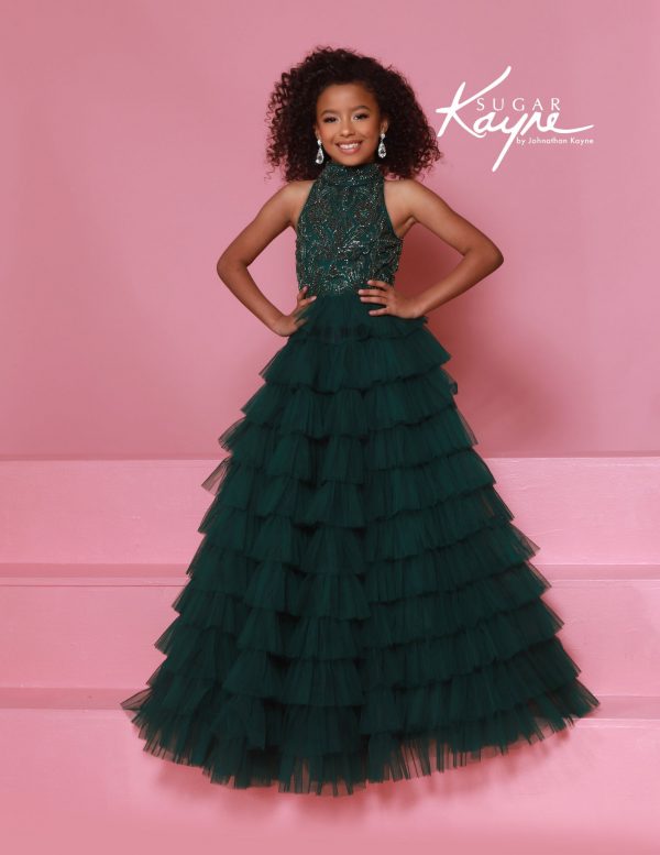 Emerald green beaded halter children's pageant dress with tiered mesh skirt, perfect for flower girls, formal pageant wear, and evening stage.